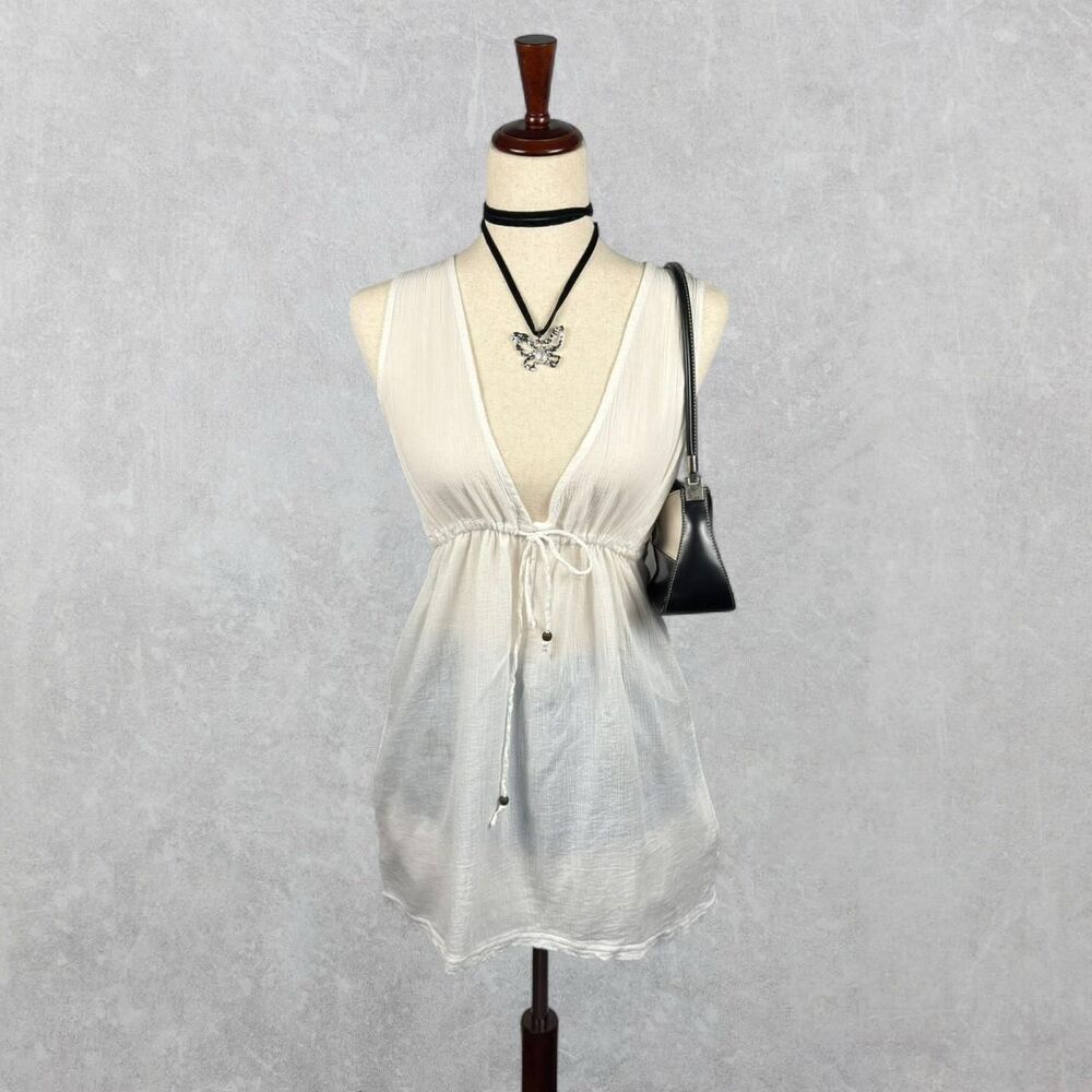 White Boho Sleeveless Drawstring Tie Babydoll Tunic Top
